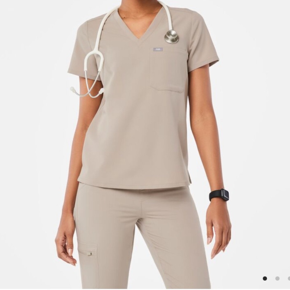 Figs Women's V-Neck Scrub Top and Pants Set in Taupe